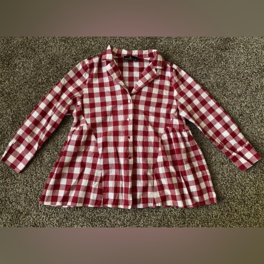 Pomander Place by Tuckernuck Size L Red White Plaid Picnic Gingham Button Blouse